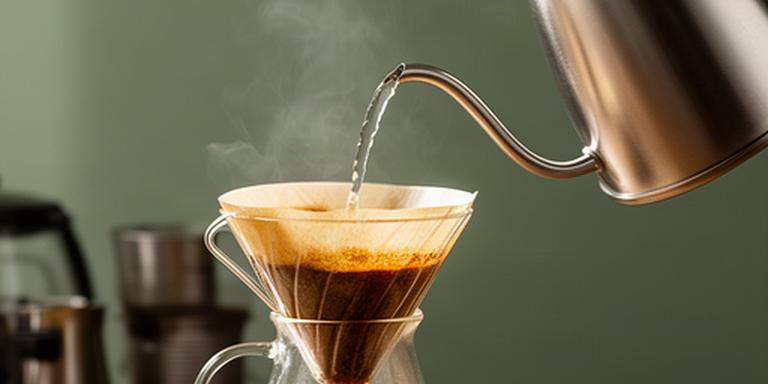 Wasser fliesst aus einem Schwanenhalskessel über Kaffeepulver in einem Glasfilter
