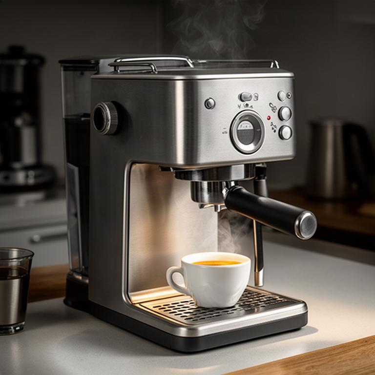 Kompakte Espressomaschine aus Edelstahl mit Tasse auf einer Küchenablage