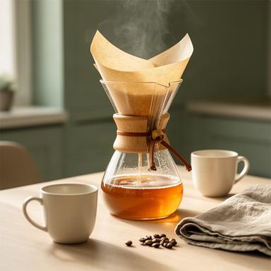 Gläserne Chemex mit hellem Kaffee, Papierfilter und zwei Tassen auf einem Küchentisch